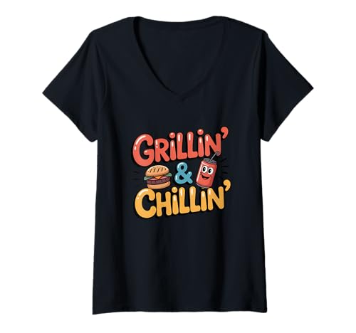 Damen Grillin' & Chillin' Lustiges Grillen im Hinterhof T-Shirt mit V-Ausschnitt Damen Grillin' & Chillin' Lustiges Grillen im Hinterhof T-Shirt mit V-Ausschnitt von Outdoor BBQ Grill Master Fun Times