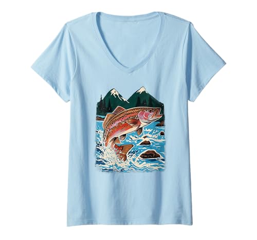 Damen Forelle, Fliegenfischen, Bergbach, Angler, springende Fische T-Shirt mit V-Ausschnitt Damen Forelle, Fliegenfischen, Bergbach, Angler, springende Fische T-Shirt mit V-Ausschnitt von Outdoor Designs