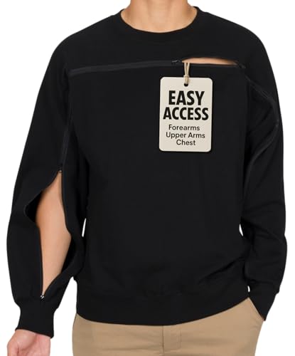 Unisex-Sweatshirt für Dialyse, Chemo und Infusionen – durchgehender Reißverschluss an Brust und Arm, Zugang für Port, PICC-Linie, AV-Fistel, Schwarz, XL von Outdoor Dialysis