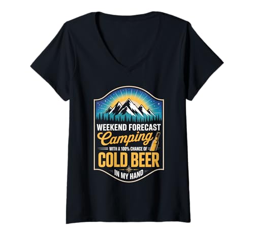 Damen Lustiger Spruch Wochenendvorhersage Camping Kaltbier Damen Herren T-Shirt mit V-Ausschnitt Damen Lustiger Spruch Wochenendvorhersage Camping Kaltbier Damen Herren T-Shirt mit V-Ausschnitt von Outdoor Drinking Humor Tent Mountain Nature Trip