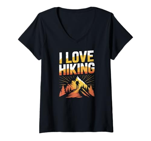 Damen Ich Liebe Wandern, Bergweg, Sonnenuntergang T-Shirt mit V-Ausschnitt Damen Ich Liebe Wandern, Bergweg, Sonnenuntergang T-Shirt mit V-Ausschnitt von Outdoor Enthusiast Adventure Lover