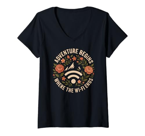 Damen Adventure Begins Wi-Fi Ends Wandern Berg Natur Floral T-Shirt mit V-Ausschnitt Damen Adventure Begins Wi-Fi Ends Wandern Berg Natur Floral T-Shirt mit V-Ausschnitt von Outdoor Explorer Apparel