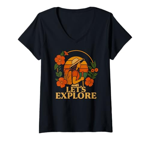 Damen Let's Explore Wandern Rucksackreisen Abenteuer Floral Retro T-Shirt mit V-Ausschnitt Damen Let's Explore Wandern Rucksackreisen Abenteuer Floral Retro T-Shirt mit V-Ausschnitt von Outdoor Explorer Apparel