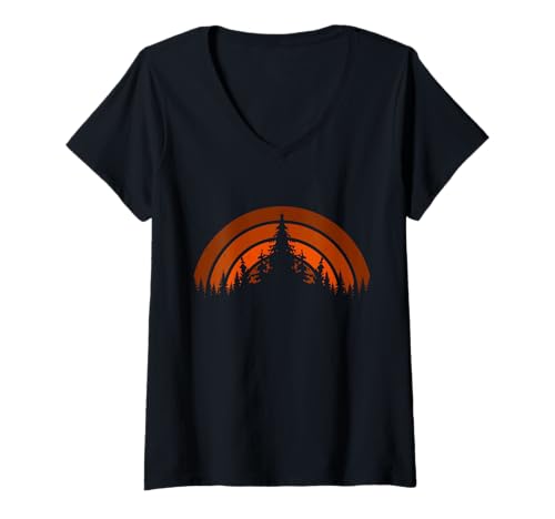 Damen Vintage Wald Sonnenuntergang Natur Szene Wildnis Bäume Kunst T-Shirt mit V-Ausschnitt von Outdoor Forest Wilderness Nature Lover Gifts