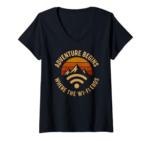 Damen Adventure Begins WiFi Ends Wandern Naturliebhaber für Entdecker T-Shirt mit V-Ausschnitt Damen Adventure Begins WiFi Ends Wandern Naturliebhaber für Entdecker T-Shirt mit V-Ausschnitt von Outdoor Mountain Apparel