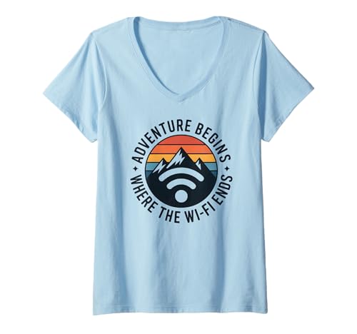 Damen Adventure Begins WiFi Ends Wandern Naturliebhaber für Entdecker T-Shirt mit V-Ausschnitt Damen Adventure Begins WiFi Ends Wandern Naturliebhaber für Entdecker T-Shirt mit V-Ausschnitt von Outdoor Mountain Apparel