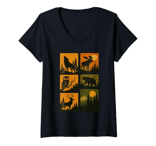 Damen Rentier Wildtiere Waldtiere Silhouette Bär Wolf T-Shirt mit V-Ausschnitt Damen Rentier Wildtiere Waldtiere Silhouette Bär Wolf T-Shirt mit V-Ausschnitt von Outdoor Nature Scene Owl Artwork Apparel