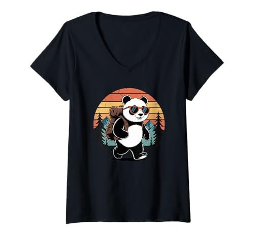 Damen Panda Trekking Sunglasses Retro Outdoor Journey T-Shirt mit V-Ausschnitt Damen Panda Trekking Sunglasses Retro Outdoor Journey T-Shirt mit V-Ausschnitt von Outdoor Panda Adventures