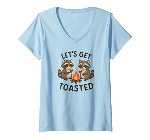 Damen Let's Get Toasted Raccoon Camping Lagerfeuer Marshmallow Wortspiel T-Shirt mit V-Ausschnitt Damen Let's Get Toasted Raccoon Camping Lagerfeuer Marshmallow Wortspiel T-Shirt mit V-Ausschnitt von Outdoor Racoon Lovers and Fall Bonfire Season Tees