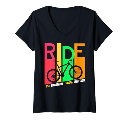 Damen Ride Null Emission Radfahren Lustiger Öko Spruch T-Shirt mit V-Ausschnitt von Outdoor Radfahrer und Umweltfreundliche Fans
