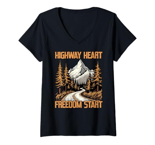 Damen Autobahn Herzfreiheit Start Mountain Road Trip T-Shirt mit V-Ausschnitt Damen Autobahn Herzfreiheit Start Mountain Road Trip T-Shirt mit V-Ausschnitt von Outdoor Road Trip Camping -wanderabenteuerreisen