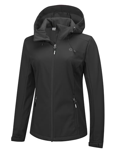 Outdoor Ventures Damen Wasserdichte Softshelljacke Winddichte Übergangsjacke mit Kapuze Leichte Sportjacke Funktionsjacke zum Radfahren, Wandern, Schwarz 38 von Outdoor Ventures