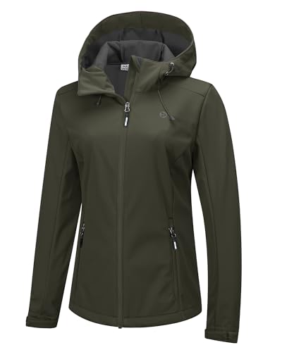 Outdoor Ventures Damen Wasserdichte Softshelljacke Winddichte Übergangsjacke mit Kapuze Leichte Sportjacke Funktionsjacke zum Radfahren, Wandern, Grün Tan 46 von Outdoor Ventures