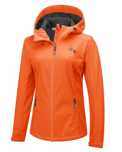 Outdoor Ventures Damen Wasserdichte Softshelljacke Winddichte Übergangsjacke mit Kapuze Leichte Sportjacke Funktionsjacke zum Radfahren, Wandern, Hellorange 44 von Outdoor Ventures