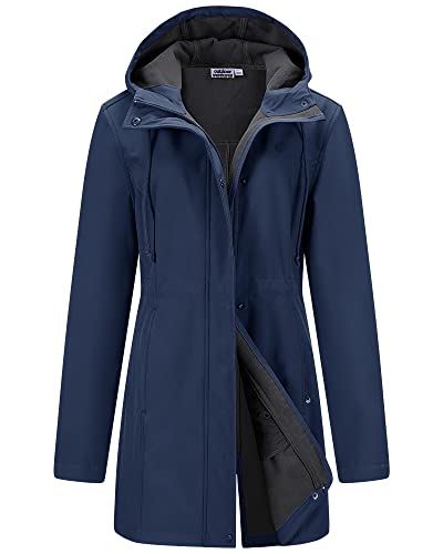 Damen Regenjacke Lange Softshelljacke mit Kapuze Frauen Übergangsjacke Regenmantel Gefütterte Funktionsjacke Wasserdichte Windbreaker Wanderjacke Atmungsaktive Outdoorjacke Blau 4XL von Outdoor Ventures