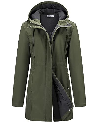 Damen Regenjacke Lange Softshelljacke mit Kapuze Frauen Übergangsjacke Regenmantel Gefütterte Funktionsjacke Wasserdichte Windbreaker Wanderjacke Atmungsaktive Outdoorjacke Grün 4XL von Outdoor Ventures