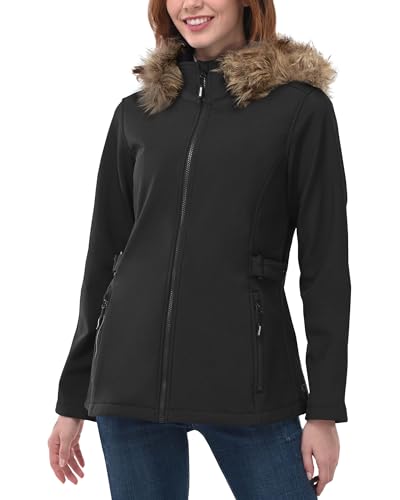 Damen Softshelljacke Kurze Gefütterte Wasserdichte Übergangsjacke mit Abnehmbarer Kapuze Regenjacke Funktionsjacke Outdoor Regenmantel für Wandern Laufen Sporten Schwarz mit Pelzkragen M von Outdoor Ventures