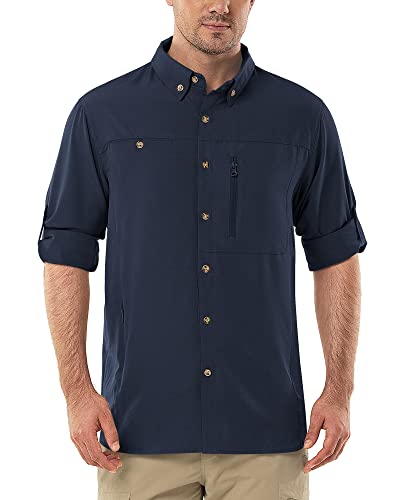 Herren Langarm Hemd Outdoor Hemd Männer Langarmhemd Schnelltrocknendes Leichtes Funktionshemd Atmungsaktive Shirts 50+ UV-Schutz mit Taschen Arbeitshemd für Angeln Laufen Wandern Camping Dunkelblau L von Outdoor Ventures