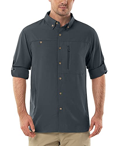 Herren Langarm Hemd Outdoor Hemd Männer Langarmhemd Schnelltrocknendes Leichtes Funktionshemd Atmungsaktive Shirts 50+ UV-Schutz mit Taschen Arbeitshemd für Angeln Laufen Wandern Camping Grau 2XL von Outdoor Ventures