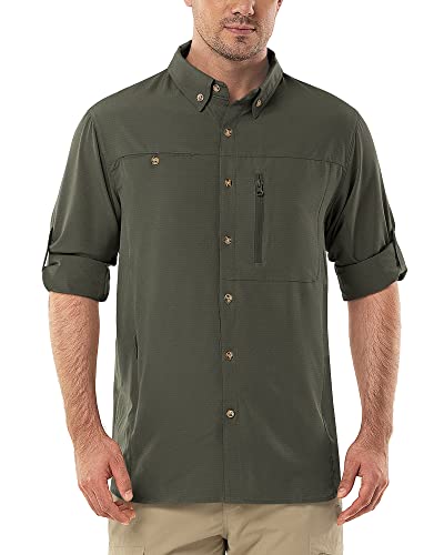 Herren Langarm Hemd Outdoor Hemd Männer Langarmhemd Schnelltrocknendes Leichtes Funktionshemd Atmungsaktive Shirts 50+ UV-Schutz mit Taschen Arbeitshemd für Angeln Laufen Wandern Camping Grün 2XL von Outdoor Ventures