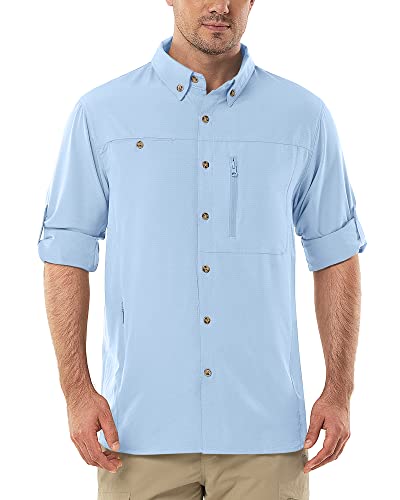 Herren Langarm Hemd Outdoor Hemd Männer Langarmhemd Schnelltrocknendes Leichtes Funktionshemd Atmungsaktive Shirts 50+ UV-Schutz mit Taschen Arbeitshemd für Angeln Laufen Wandern Camping Hellblau XL von Outdoor Ventures