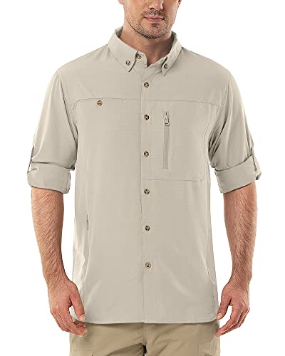 Herren Langarm Hemd Outdoor Hemd Männer Langarmhemd Schnelltrocknendes Leichtes Funktionshemd Atmungsaktive Shirts 50+ UV-Schutz mit Taschen Arbeitshemd für Angeln Laufen Wandern Camping Khaki 2XL von Outdoor Ventures