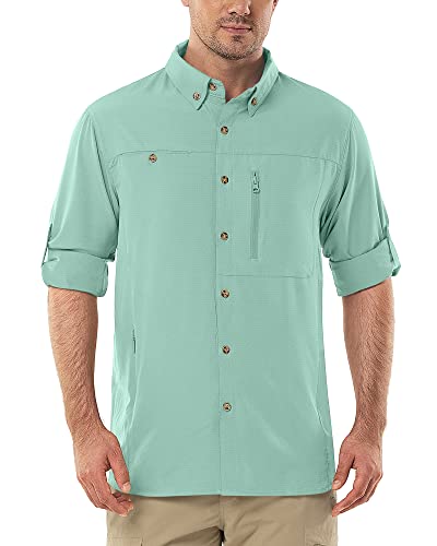 Herren Langarm Hemd Outdoor Hemd Männer Langarmhemd Schnelltrocknendes Leichtes Funktionshemd Atmungsaktive Shirts 50+ UV-Schutz mit Taschen Arbeitshemd für Angeln Laufen Wandern Camping Mintgrün XL von Outdoor Ventures