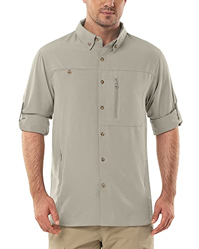 Herren Langarm Hemd Outdoor Hemd Männer Langarmhemd Schnelltrocknendes Leichtes Funktionshemd Atmungsaktive Shirts 50+ UV-Schutz mit Taschen Arbeitshemd für Angeln Laufen Wandern Camping Mittelgrau M von Outdoor Ventures