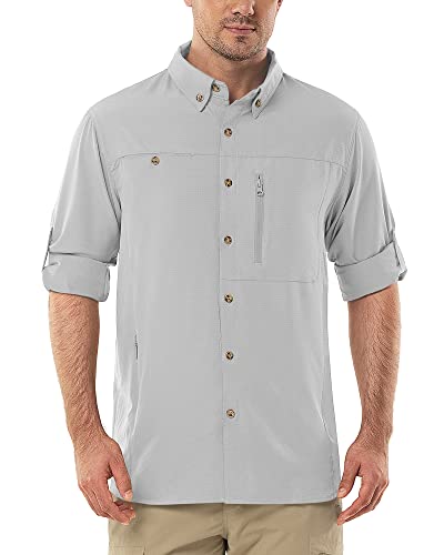 Herren Langarm Hemd Outdoor Hemd Männer Langarmhemd Schnelltrocknendes Leichtes Funktionshemd Atmungsaktive Shirts 50+ UV-Schutz mit Taschen Arbeitshemd für Angeln Laufen Wandern Camping Slivergrau L von Outdoor Ventures