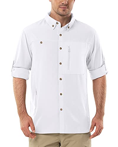 Herren Langarm Hemd Outdoor Hemd Männer Langarmhemd Schnelltrocknendes Leichtes Funktionshemd Atmungsaktive Shirts 50+ UV-Schutz mit Taschen Arbeitshemd für Angeln Laufen Wandern Camping Weiß 2XL von Outdoor Ventures