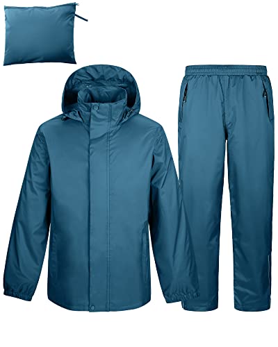 Herren Regenanzug Reflektierender Wasserdichter Anzug Outdoor Regenmantel Packbare Winddichte Regenjacke+Regenhose Atmungsaktive für Fischen Wandern Camping Blau M von Outdoor Ventures