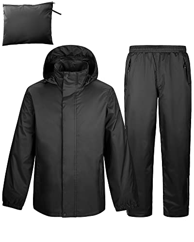 Herren Regenanzug Reflektierender Wasserdichter Anzug Outdoor Regenmantel Packbare Winddichte Regenjacke+Regenhose Atmungsaktive für Fischen Wandern Camping Schwarz L von Outdoor Ventures