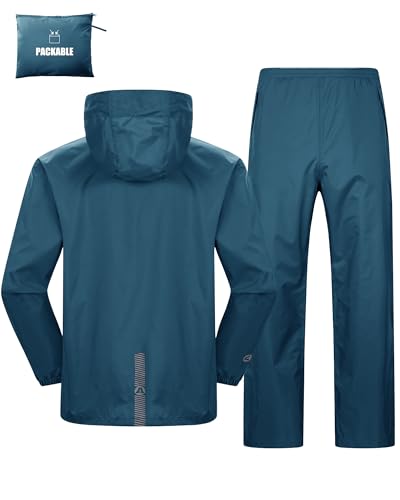 Herren & Damen Regenanzug Wasserdichte Packbare Regenjacke+Regenhose mit Reflektierender Outdoor Regenkleidung Winddichte Regenset Leichter Regenkombi für Radfahren Angeln Marokkoblau-ungefüttert XL von Outdoor Ventures
