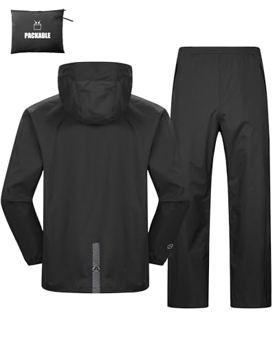 Herren & Damen Regenanzug Wasserdichte Packbare Regenjacke+Regenhose mit Reflektierender Outdoor Regenkleidung Winddichte Regenset Leichter Regenkombi für Radfahren Angeln Schwarz-ungefüttert XL von Outdoor Ventures