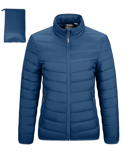 OUTDOOR VENTURES Damen Winter Leichte Jacke Warm Kurz Packable Puffer Jacke Übergang Gepolsterte Daunenjacke Steppjacke für Damen Gefüttert für Wandern Reisen, blau, 32 von Outdoor Ventures