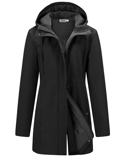 OUTDOOR VENTURES Softshelljacke Damen Regenjacke Funktionell Leicht Regenmantel Windbreaker Wasserdicht Wanderjacke Atmungsaktiv Outdoorjacke mit Kapuze für Frühling Herbst Winter Schwarz 3XL von Outdoor Ventures