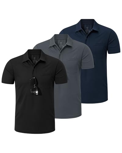 Outdoor Ventures 3er Pack Herren Poloshirt UPF50+ Sonnenschutz UV Männer Kurzarm Hemd Golf T-Shirt Sommer Atmungsaktiv Funktions Polohemd Golfen Tennis Polo Tops 3P:Schwarz+Dunkelgrau+Dunkelblau L von Outdoor Ventures