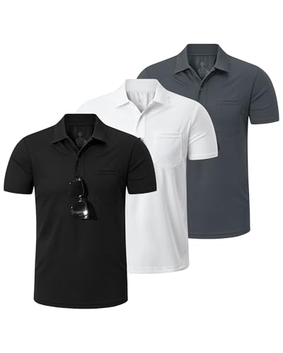 Outdoor Ventures 3er Pack Herren Poloshirt UPF50+ Sonnenschutz UV Männer Kurzarm Hemd Golf T-Shirt Sommer Atmungsaktiv Funktions Polohemd Golfen Tennis Polo Tops 3P:Schwarz+Weiß+Dunkelgrau L von Outdoor Ventures