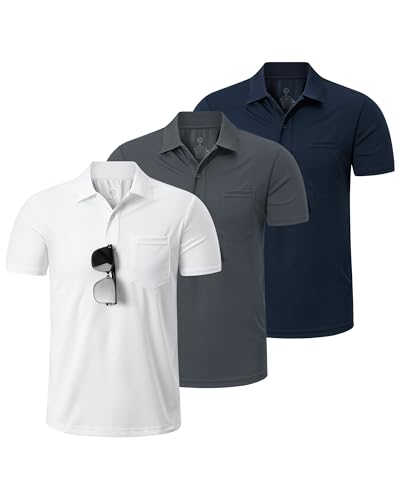 Outdoor Ventures 3er Pack Herren Poloshirt UPF50+ Sonnenschutz UV Männer Kurzarm Hemd Golf T-Shirt Sommer Atmungsaktiv Funktions Polohemd Golfen Tennis Polo Tops 3P:Weiß+Dunkelgrau+Dunkelblau S von Outdoor Ventures