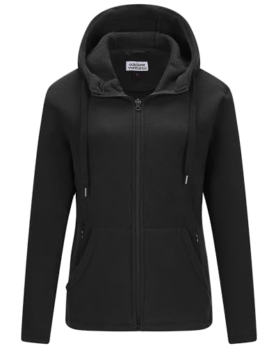 Outdoor Ventures Damen Fleecejacke mit Kapuze Frauen Fleecemantel Warme Sweatjacke mit 6 Taschen Hoodie Damenjacke mit Durchgehendem Reißverschluss für Laufen, Wandern und Freizeit Schwarz M von Outdoor Ventures