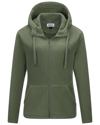 Outdoor Ventures Damen Fleecejacke mit Kapuze Frauen Fleecemantel Warme Sweatjacke mit 6 Taschen Hoodie Damenjacke mit Durchgehendem Reißverschluss für Laufen, Wandern und Freizeit Graugrün XL von Outdoor Ventures