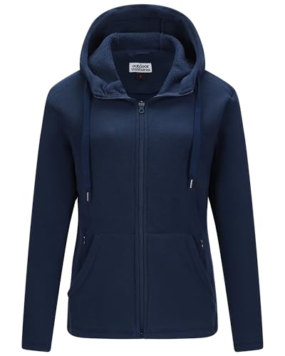 Outdoor Ventures Damen Fleecejacke mit Kapuze Frauen Fleecemantel Warme Sweatjacke mit 6 Taschen Hoodie Damenjacke mit Durchgehendem Reißverschluss für Laufen, Wandern und Freizeit Navy Blau XS von Outdoor Ventures