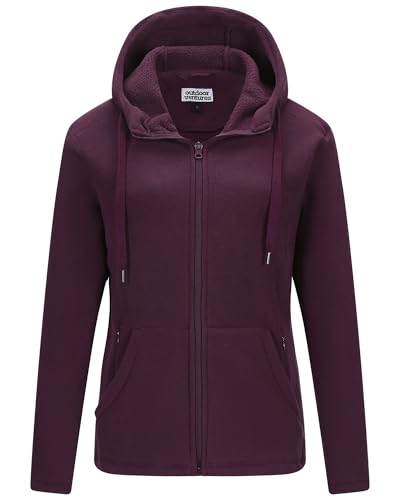 Outdoor Ventures Damen Fleecejacke mit Kapuze Frauen Fleecemantel Warme Sweatjacke mit 6 Taschen Hoodie Damenjacke mit Durchgehendem Reißverschluss für Laufen, Wandern und Freizeit Winerot M von Outdoor Ventures