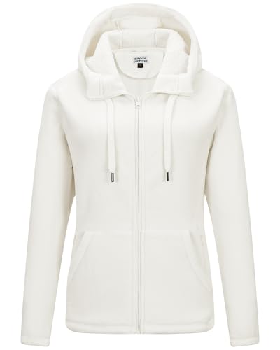 Outdoor Ventures Damen Fleecejacke mit Kapuze Frauen Fleecemantel Warme Sweatjacke mit 6 Taschen Hoodie Damenjacke mit Durchgehendem Reißverschluss für Laufen, Wandern und Freizeit Wollweiß L von Outdoor Ventures