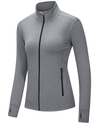 Outdoor Ventures Damen Laufjacke Stehkragen Sportjacke Langarm Trainingsjacke Leicht Atmungsaktive Trainingsanzug Sweatjacke Ohne Kapuze mit Daumenloch und Tasche Für Laufen Yoga Fitness Hellgrau M von Outdoor Ventures
