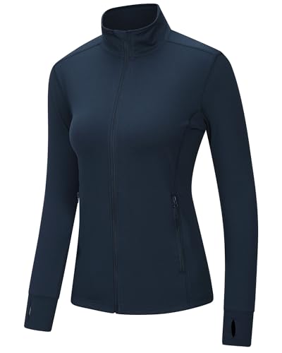 Outdoor Ventures Damen Laufjacke Stehkragen Sportjacke Langarm Trainingsjacke Leicht Atmungsaktive Trainingsanzug Sweatjacke Ohne Kapuze mit Daumenloch und Tasche Für Laufen Yoga Fitness Navy blau M von Outdoor Ventures