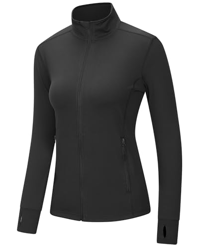 Outdoor Ventures Damen Laufjacke Stehkragen Sportjacke Langarm Trainingsjacke Leicht Atmungsaktive Trainingsanzug Sweatjacke Ohne Kapuze mit Daumenloch und Tasche Für Laufen Yoga Fitness Schwarz XXL von Outdoor Ventures