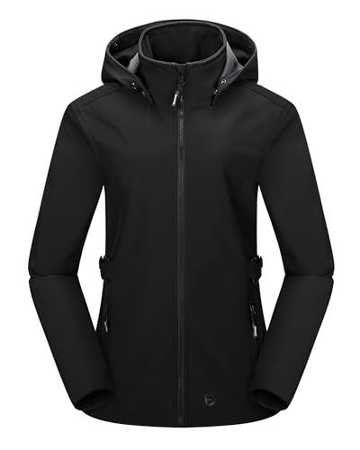 Outdoor Ventures Damen Softshelljacke Kurze Gefütterte Wasserdichte Übergangsjacke mit Abnehmbarer Kapuze Regenjacke Funktionsjacke Outdoor Regenmantel für Wandern Laufen Sporten Schwarz 2XL von Outdoor Ventures