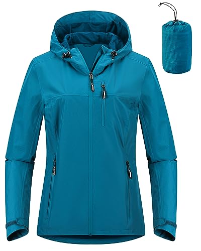 Outdoor Ventures Damen Regenjacke 10000MM Wasserdicht Leichte Gefüttert Packbar Sportjacke Funktionsjacke Atmungsaktiv Fahrrad Jacke mit Kapuze Blau 2XL von Outdoor Ventures