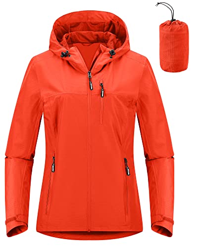 Outdoor Ventures Damen Regenjacke 10000MM Wasserdicht Leichte Gefüttert Packbar Sportjacke Funktionsjacke Atmungsaktiv Fahrrad Jacke mit Kapuze Orange L von Outdoor Ventures